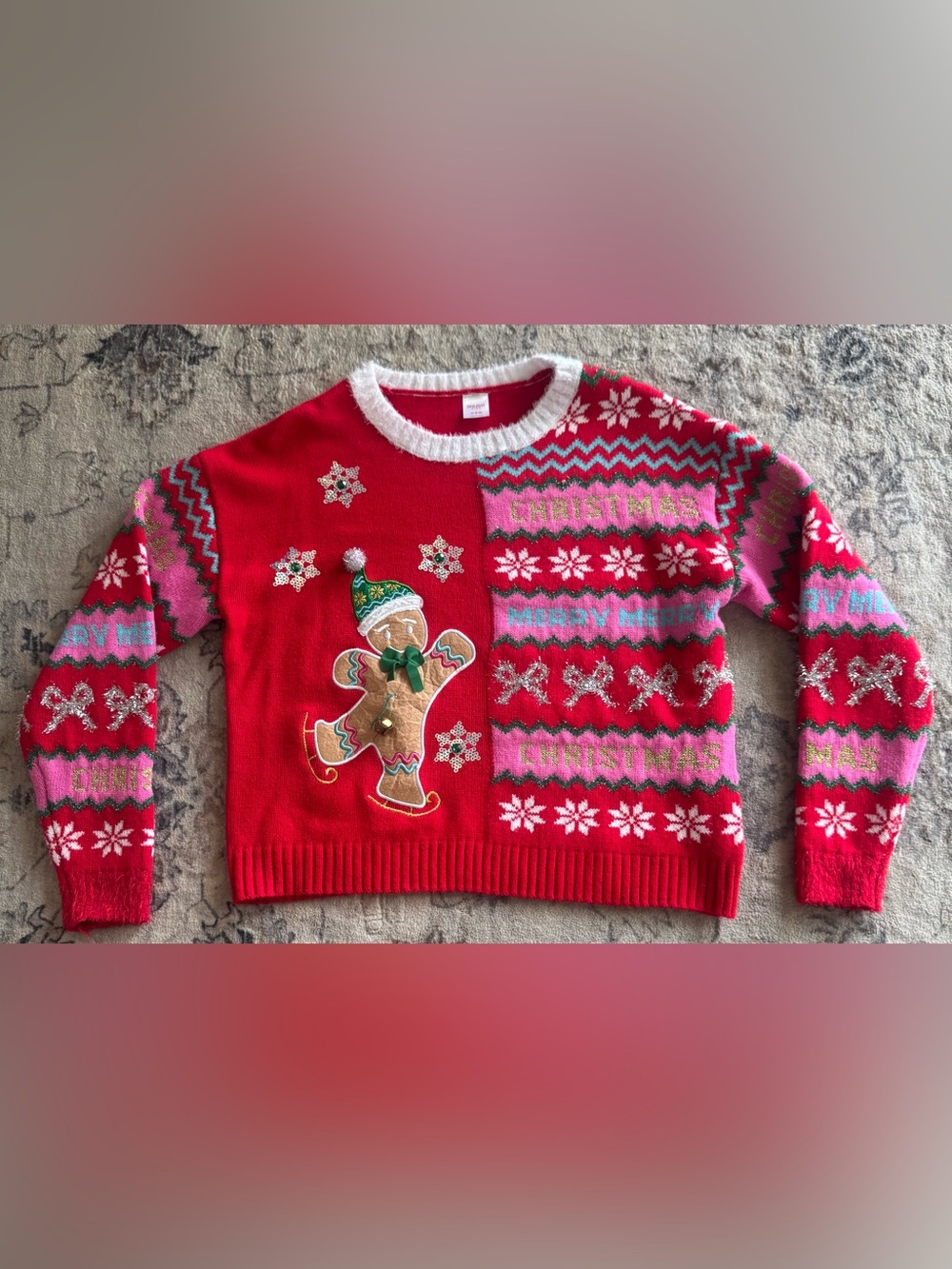 Holiday Time Red Pink Green Christmas Gingerbread Sweater